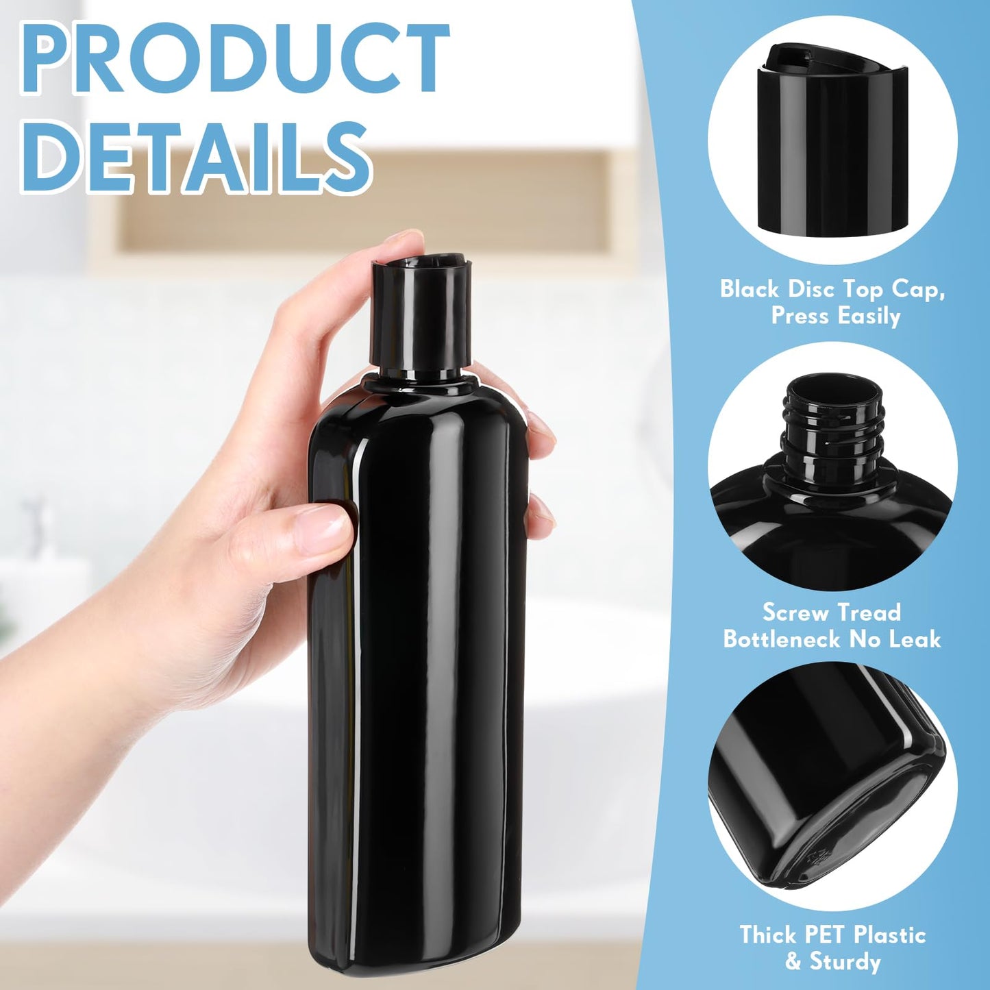 Domensi 24 Pcs Plastic Bottle Squeeze Containers with Disc Cap Travel Bottles Reusable Empty Toiletries Shampoo Containers Refillable Travel bottles for Shampoo Lotions (10oz,Pure Black)