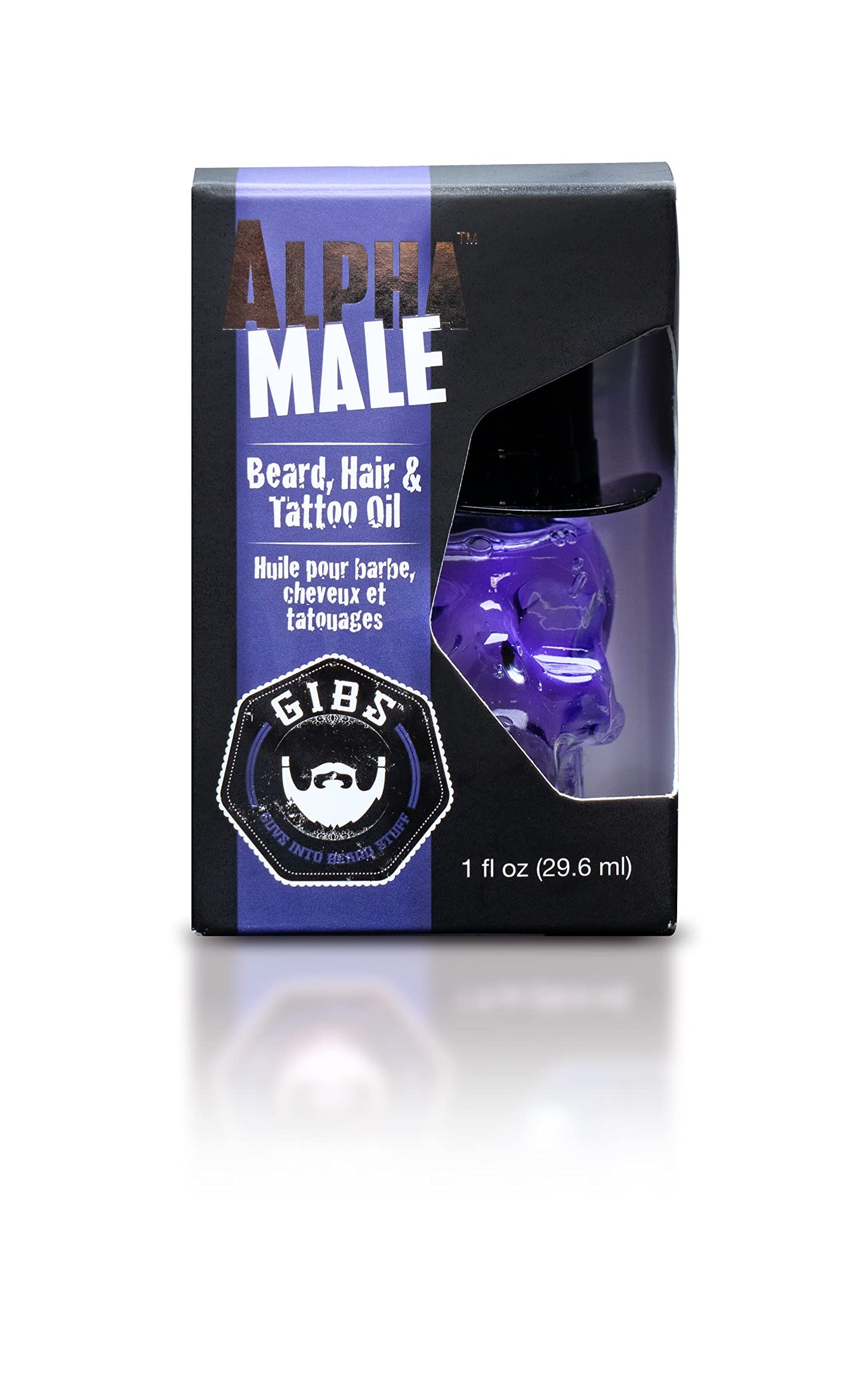 GIBS Grooming - Alpha Male Beard, Hair & Tattoo Oil (1 fl oz) Collectible Glass Skull Bottle - Softens & Strengthens - Skin Moisturizer - Vitamin C - UV Shield - Travel Size - Beard Oil - Made in USA