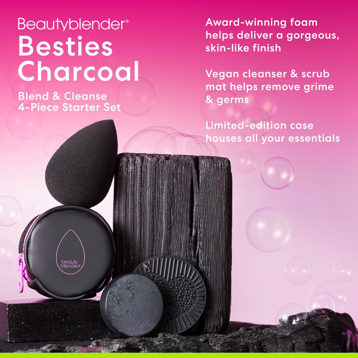 Beautyblender® Charcoal Blend & Cleanse 4-Piece Makeup Sponge Set | Pro Black, Vegan, Travel Case