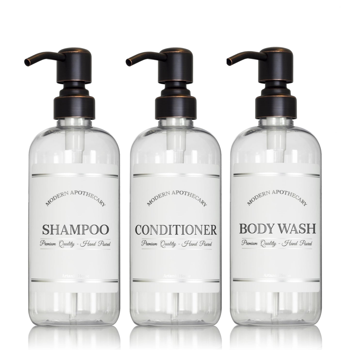 Artanis Home Clear Refillable Shampoo, Conditioner, and Body Wash Bottles - PET Plastic Shampoo Bottles Refillable with Oil Rubbed Bronze Pump - Waterproof Labels - 16 oz, 3 Pack