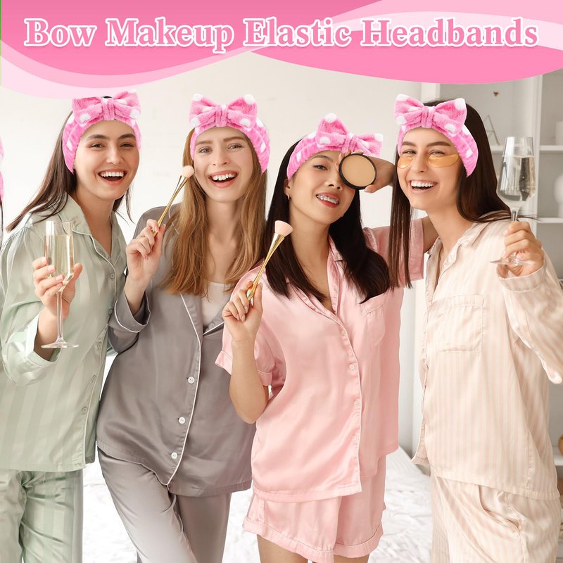 Wavyknot 50 Pcs Pink Spa Headband Bulk Spa Sleepover Party Supplies for Washing Face with Removable Bow Makeup Elastic Bowknot Headbands for Women Gifts Soft Skincare Microfiber Hairbands(Dots Style)