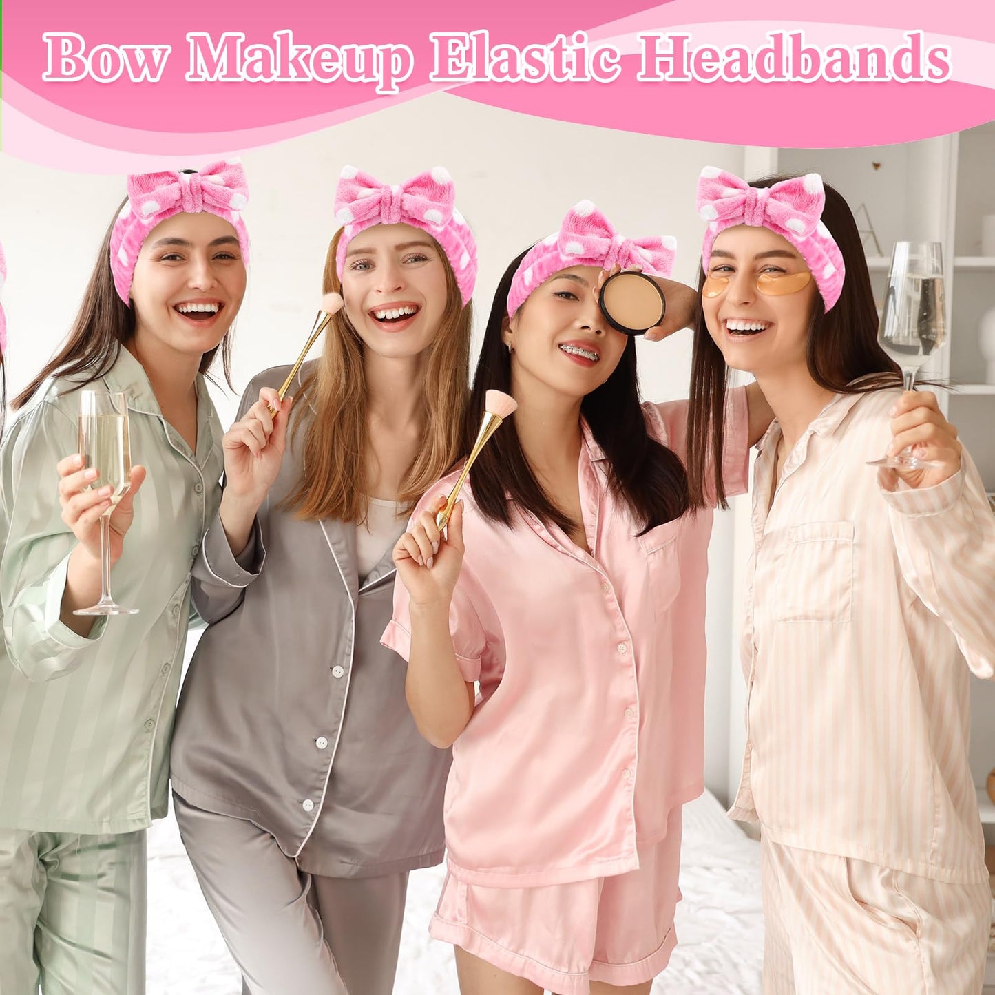 Wavyknot 50 Pcs Pink Spa Headband Bulk Spa Sleepover Party Supplies for Washing Face with Removable Bow Makeup Elastic Bowknot Headbands for Women Gifts Soft Skincare Microfiber Hairbands(Dots Style)