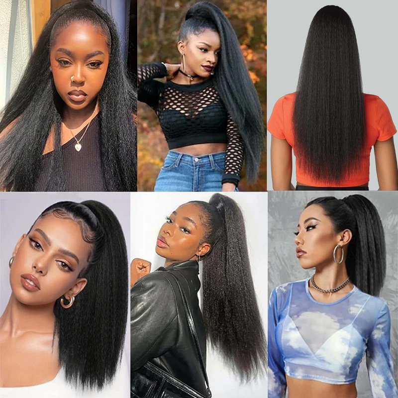 Drawstring Ponytail Extension for Women, 30 Inch Long Yaki Straight Pony Tails Hair Hairpiece Clip in Extensions Natural Looking Soft Synthetic Drawstring Ponytail for Black Women, Dark Brown