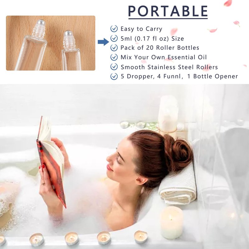 wifreo 20 PCS Essential Oil Roller Bottles, Clear Thick Glass Roller Bottles 5 ml for Essential Oils Roll on (4 Funnels, 5 Dropper)