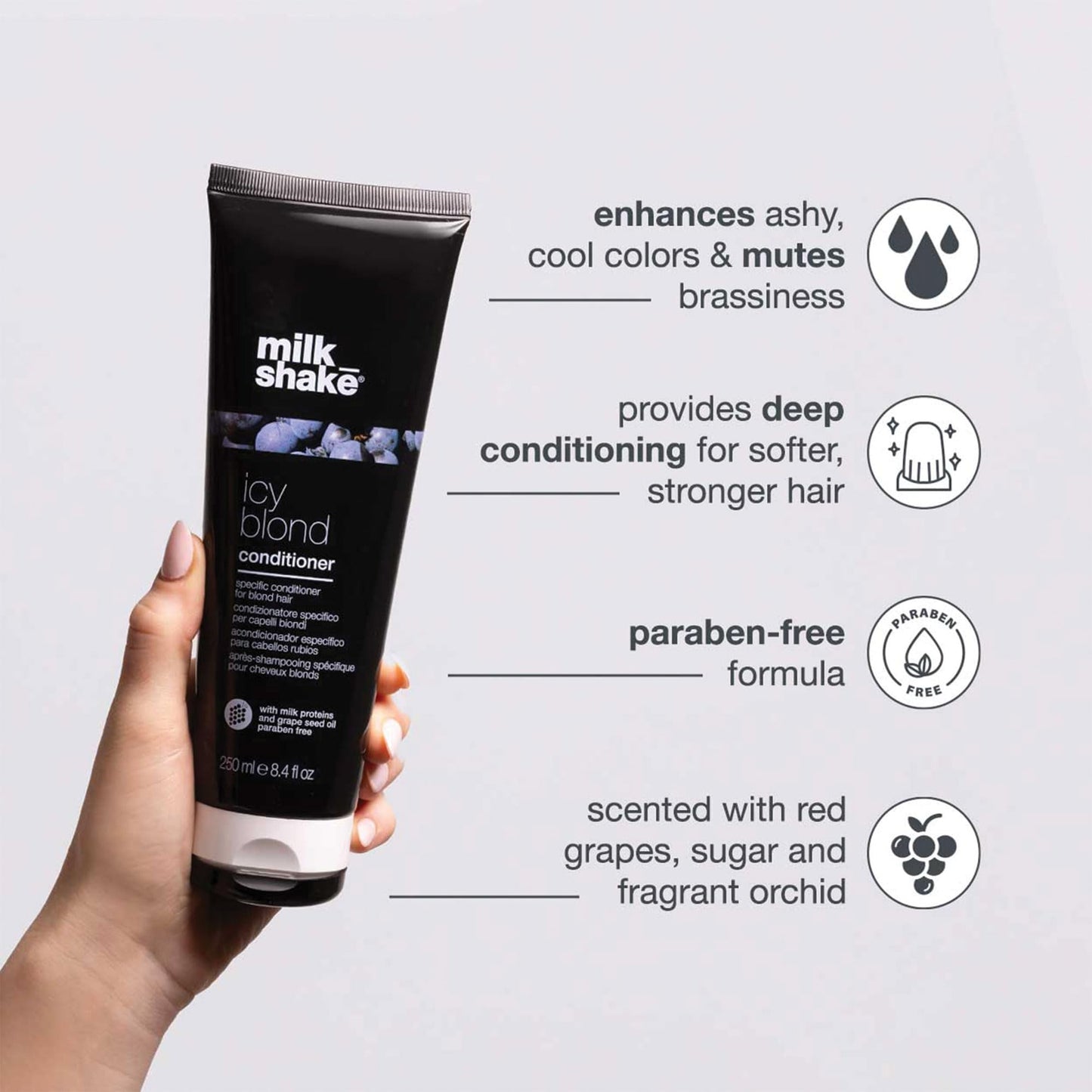 milk_shake icy blond conditioner | award winning toning conditioner with black pigment to neutralize yellow and brass in platinum blonde hair | smooths, hydrates, and brightens cool tones, 1.7 fl oz
