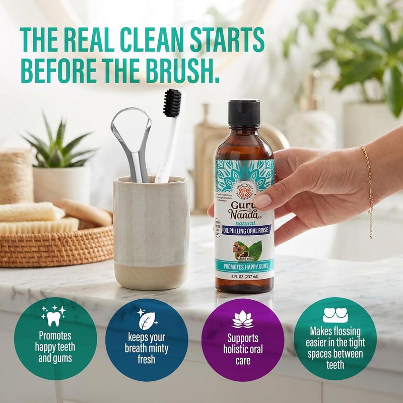 GuruNanda CocoMint Oil Pulling Mouthwash for Complete Oral Hygiene, 7 Essential Oils & Vitamins for Happy Teeth & Gums & Fresh Breath, with 2 Toothbrushes & 2 Tongue Scrapers, Alcohol-Free, 3X8 oz