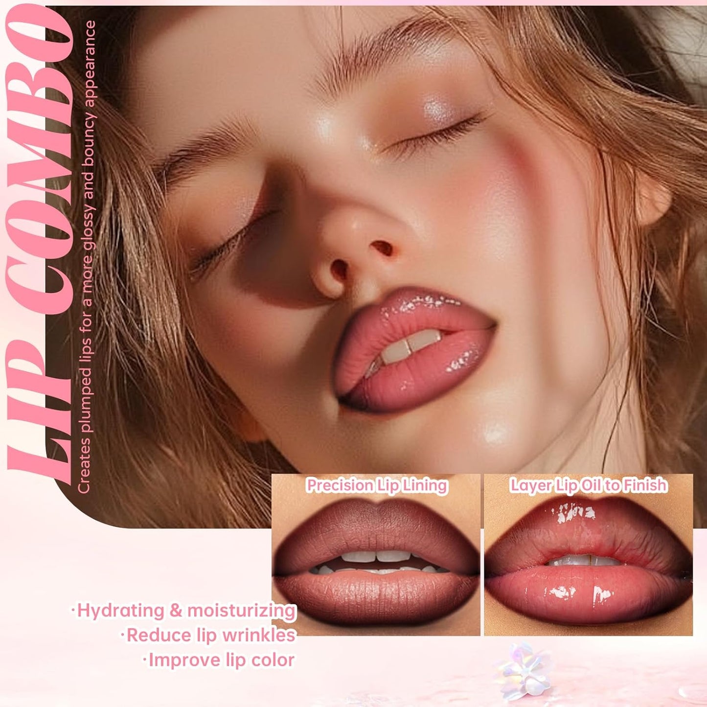 Nourishing Glowing Lip Oil & Ombre Lip Liner Set - Moisturizing Rose Pink Lip Tint Crayon Combo for Women