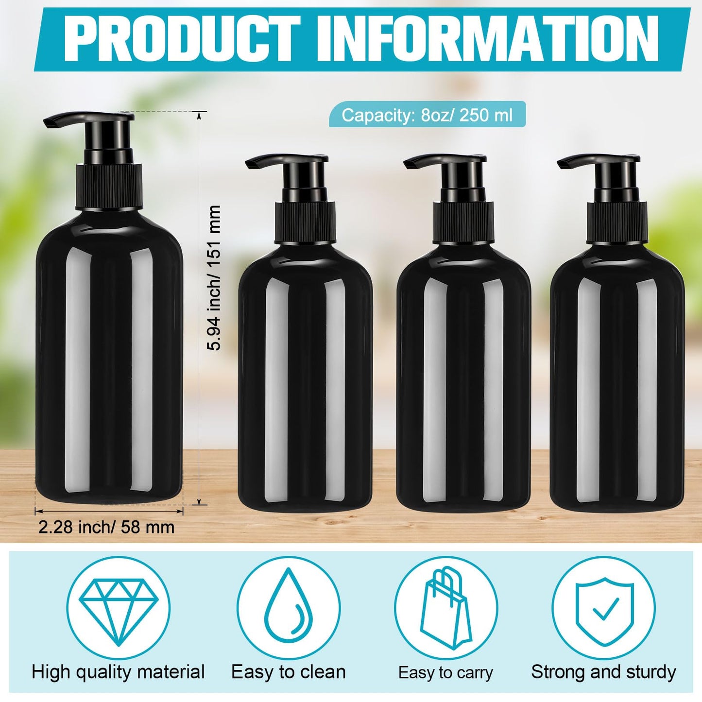 CroBlissful 24 Pcs Empty Plastic Pump Bottles 8oz Refillable Lotion Pump Bottle Containers with Dispenser for Shampoo, Conditioner, Face Cream, Massage Oil, Liquid Soap (Black)