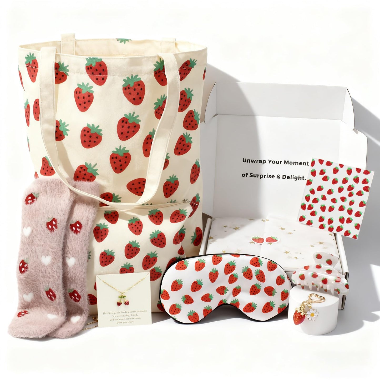 Strawberry Lover Gifts for Women - Strawberry Tote Bag, Makeup Bag, Eye Sleep Mask Gift Set for Girls - Birthday, Christmas, Thank You Gifts for Mom, Teacher, Friend, Sister, Nurse (Strawberry)