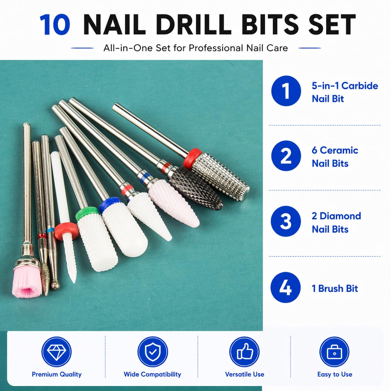 Ceramic Nail Drill Bits for Acrylic Nails 3/32 Diamond Tungsten 5 in 1 Carbide Nail Bits nail bit Included for both Left and Right Handed Efile Drill Machine 10 pcs (S10-E)