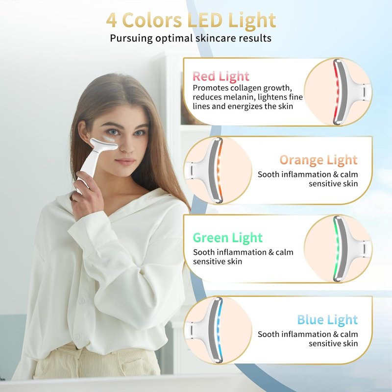 Red Light Therapy Device for Face & Neck - 4 Color LED Skin Care Tool | Micro-Current Vibration, Hot & Cold Functions