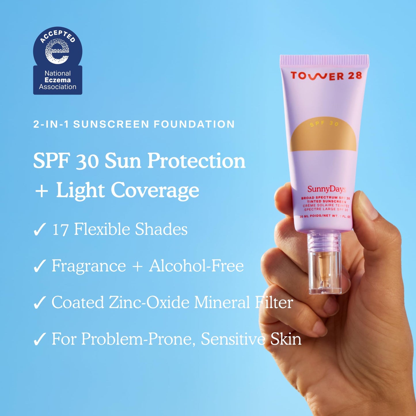 Tower 28 SunnyDays SPF 30 Tinted Moisturizer - 2-in-1 Buildable Coverage Foundation + Mineral Sunscreen for Face - Zinc Oxide, Aloe & Prickly Pear for Sensitive Skin - 50 Tan/Yellow (1 oz)