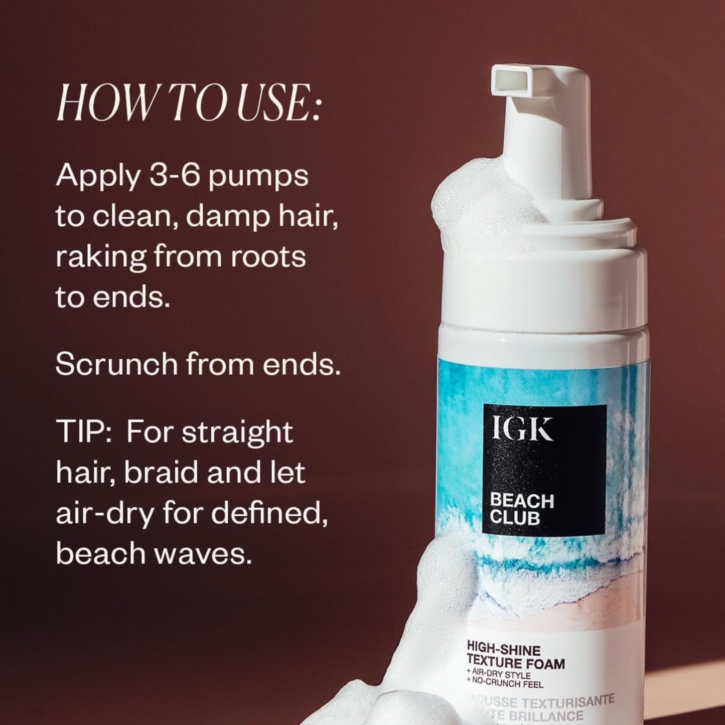 IGK Beach Club High-Shine Texture Foam – Salt-Free Hair Mousse for Beach Waves – Air-Dry Styling Foam for Wavy, Curly & Straight Hair – Anti-Frizz with UV Protection – Vegan, 5 Oz
