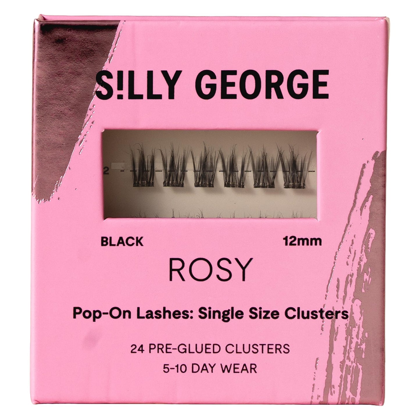 Silly George Single-Size Pop-On Lashes - DIY 1-Step Pre-Glued Faux Eyelash Cluster Kit, Natural Look Extensions, Pack of 24 Individual Clusters, Black - Rosy, 12mm
