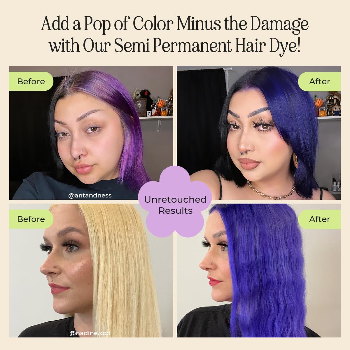 INH Hair Dye Set - Flamingo Topaz Pink & Amethyst Dark Purple Semi Permanent Hair Color Duo, Vegan Color Depositing Conditioner, Ammonia & Sulfate-Free, No Bleach, No Peroxide, Ready to Use, 6oz
