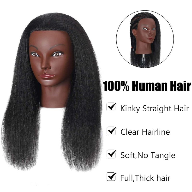 16-Inch Mannequin Head - 100% Human Hair Training Manikin for Hairdressing & Makeup | Black