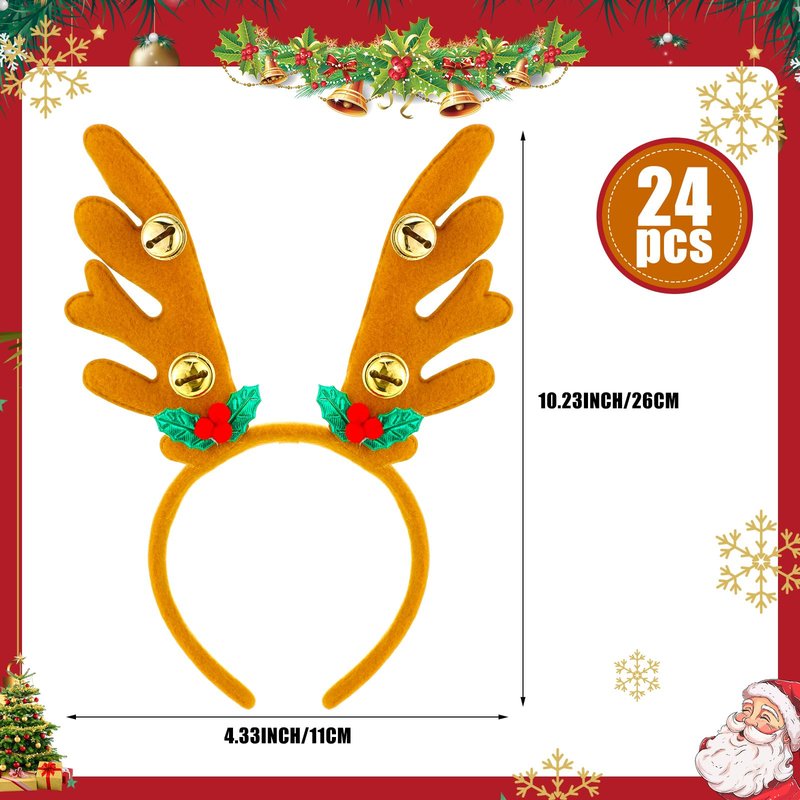 Riceshoot 24 Pcs Christmas Antler Headband Reindeer Headband Deer Plush Ear Antler Hair Hoop Beauty Accessory for Xmas Party(Golden Bell Style)