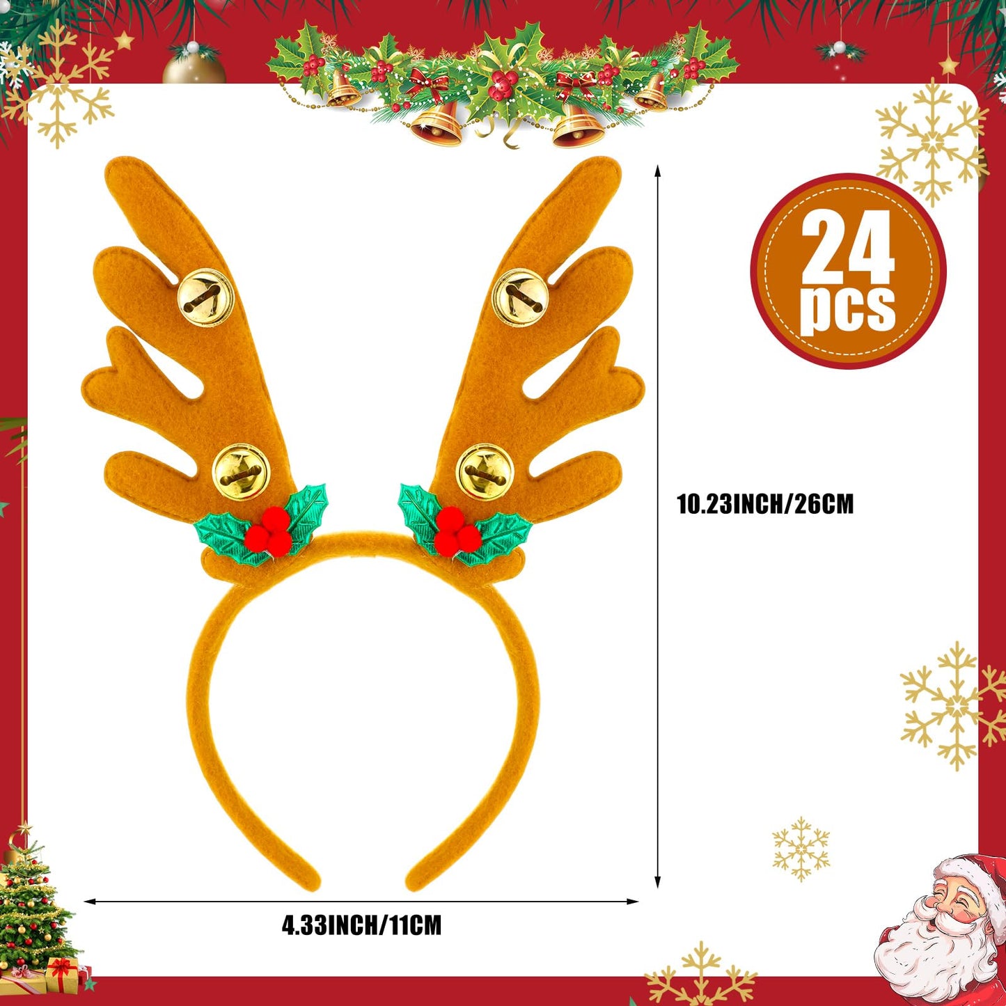 Riceshoot 24 Pcs Christmas Antler Headband Reindeer Headband Deer Plush Ear Antler Hair Hoop Beauty Accessory for Xmas Party(Golden Bell Style)