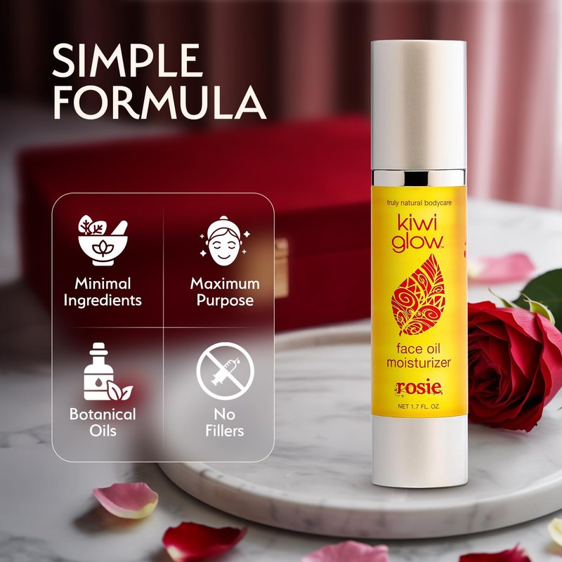 Kiwi Glow Rosie Vegan Face Oil – Fast-Absorbing Anti-Aging Glow Serum for Balanced Radiant Skin – Plant-Based Rose Clary Sage Sesame – Cruelty-Free USA Made – 1.7 oz