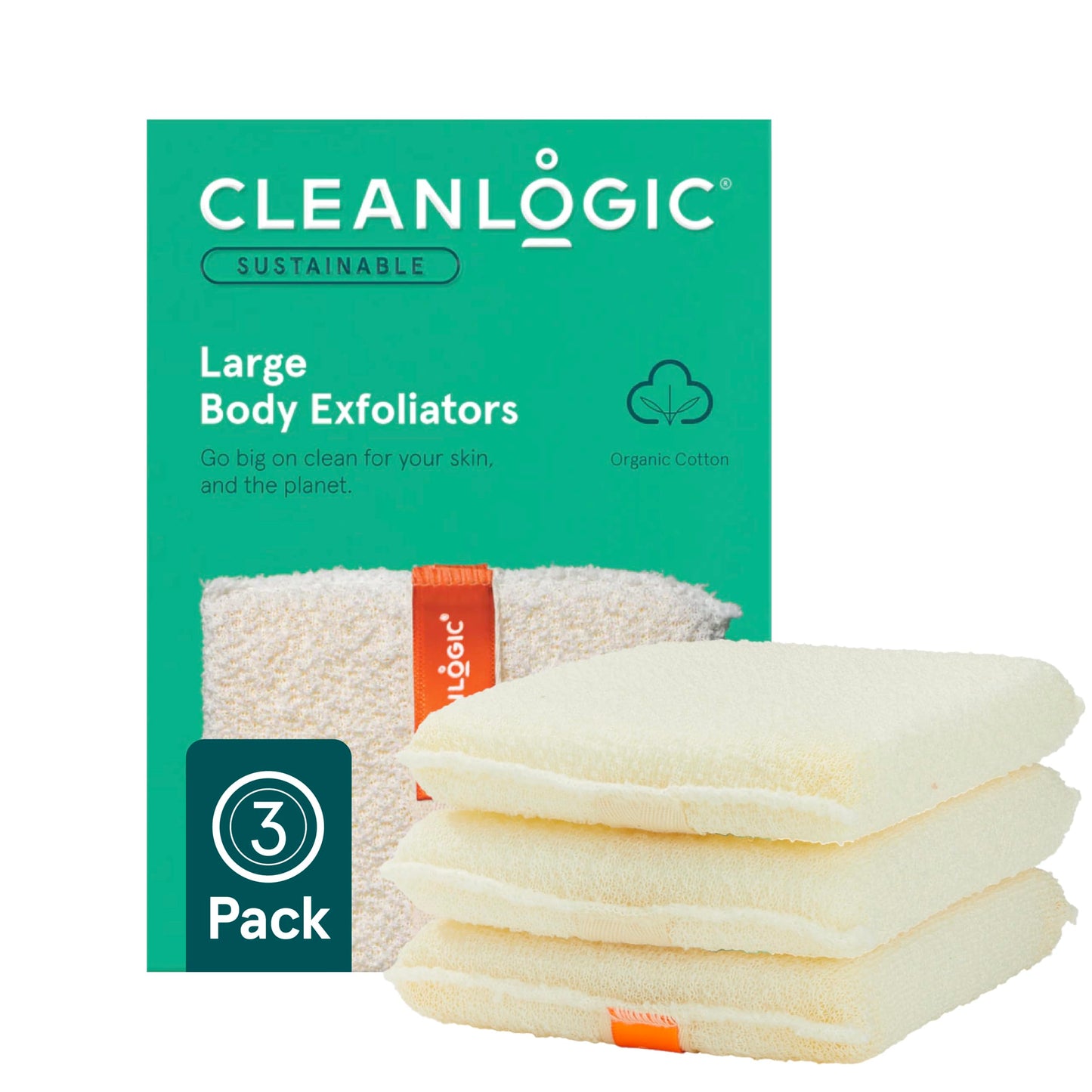 Cleanlogic Organic Cotton Large Exfoliating Body Scrubber (4.5 x 6.1 in) – Deep Cleansing Shower Exfoliator for Athletes, Fast-Drying Dead Skin Remover for Full Body – 3 Count Value Pack