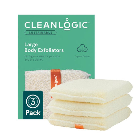 Cleanlogic Organic Cotton Large Exfoliating Body Scrubber (4.5 x 6.1 in) – Deep Cleansing Shower Exfoliator for Athletes, Fast-Drying Dead Skin Remover for Full Body – 3 Count Value Pack