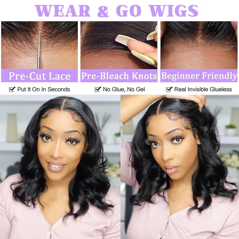 Wear and Go Glueless Wigs Human Hair Pre Plucked Pre Cut Body Wave Bob Wig for Black Women 4x4 Lace Closure Glueless Wigs Black Wig Bleached Knots 180% Density 12 Inch