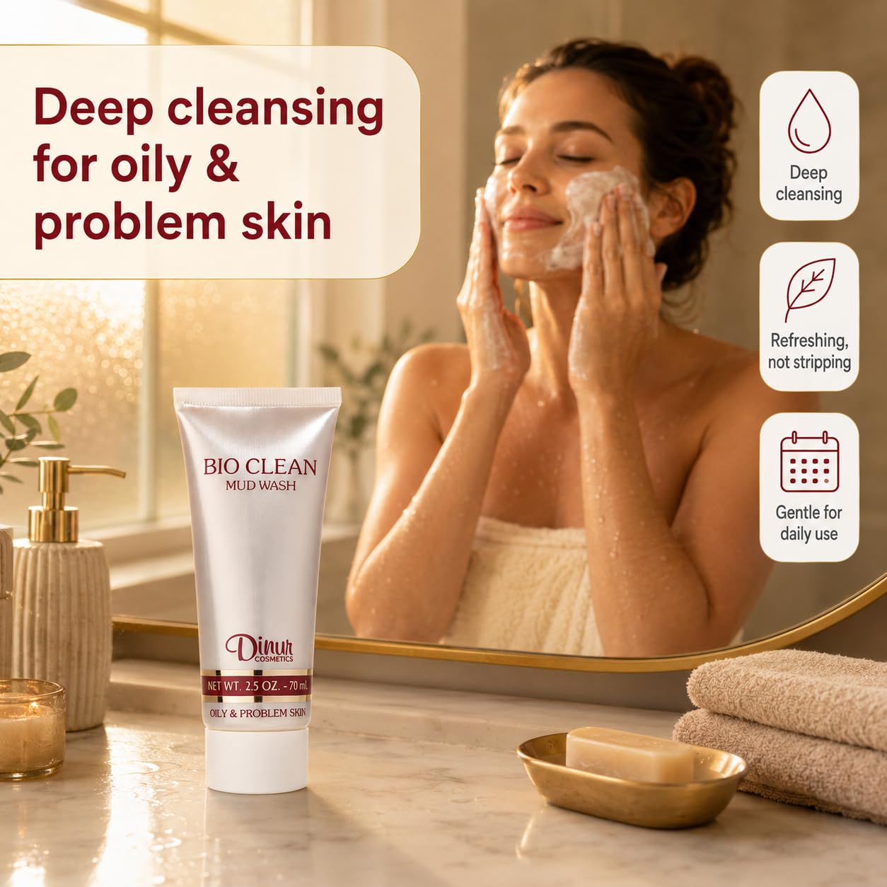 Dinur Cosmetics Bio Clean Mud Wash for Oily & Problem Skin Natural Organic & Refreshing Perfect for Deep Cleansing 2.5 fl. oz. 70ml