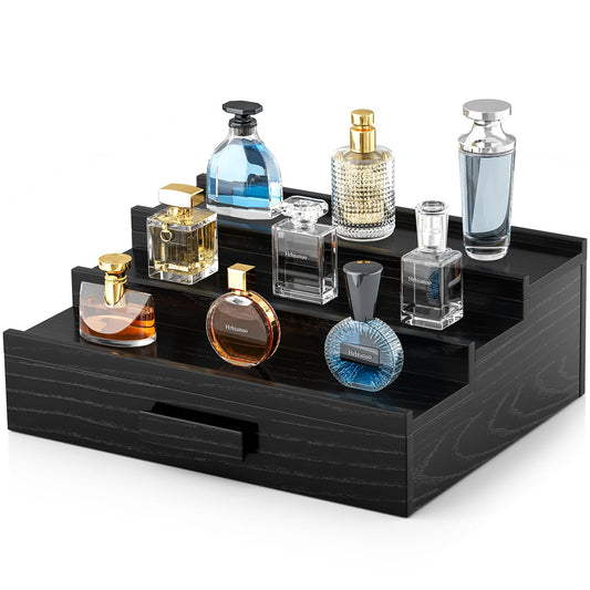 Hrbjunuo Solid Walnut Cologne Organizer for Men,3 Tier Cologne Stand,Wooden Cologne Holder Display Shelf with Drawer Storage and Hidden Compartment,Black Perfume Stand Organizer,Gifts for Men Husband