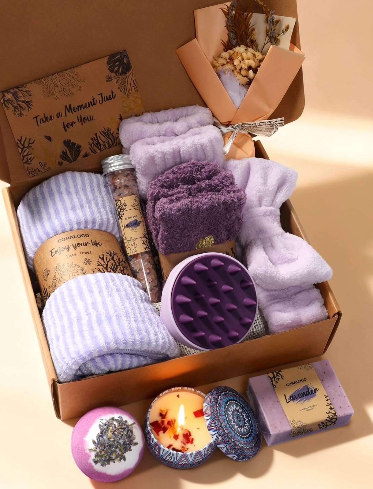 Coralogo Lavender Spa Gift Baskets - Natural Pampering Spa Set, Self-Care Get Well Soon Thinking of You Basket,Thank You Gifts, Unique 11pcs Gift Set for Women Wife Mom Her Birthday