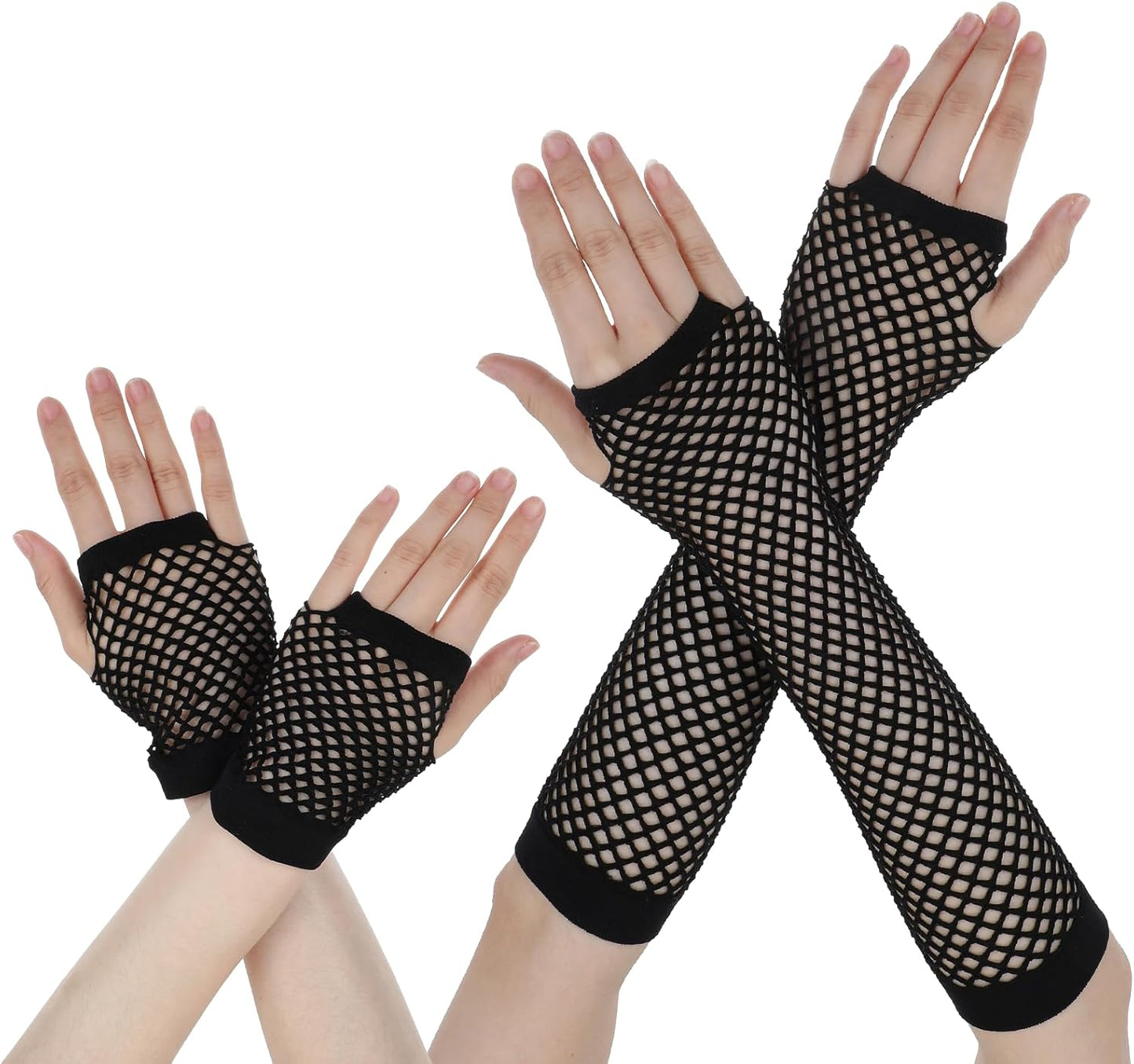 Fishnet Gloves for Women | Fingerless Elastic Nylon Arm Sleeves - 2 Pairs (Black)