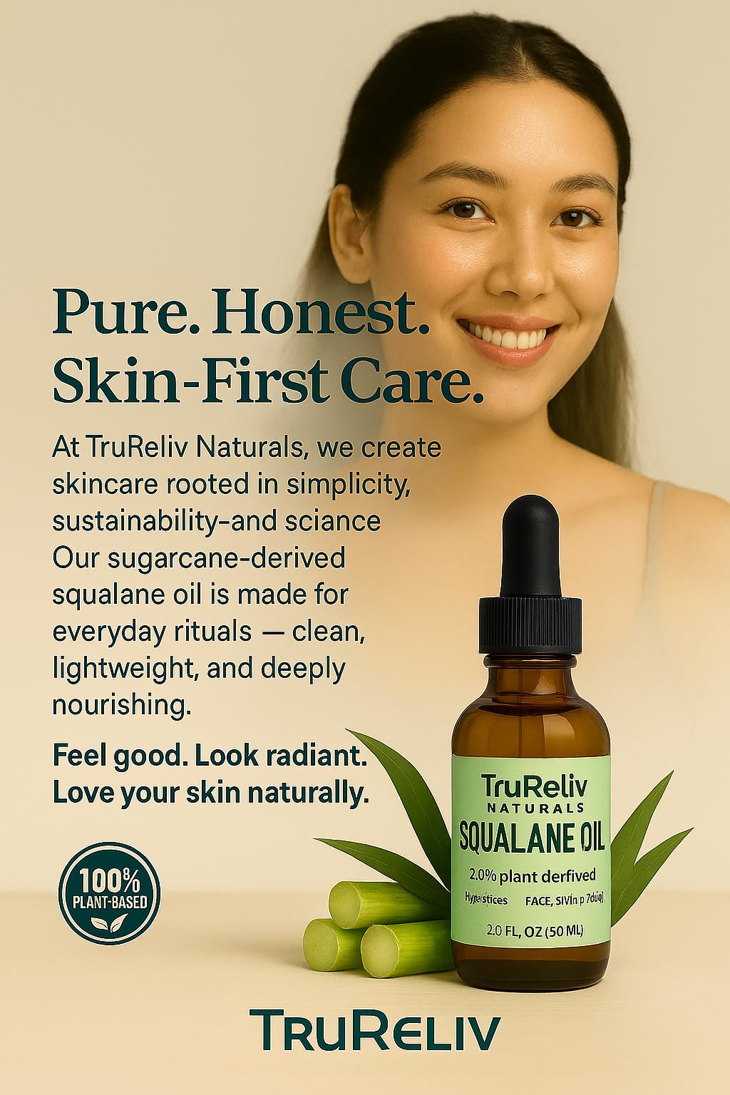 TruReliv Squalane 100% Pure Plant Derived Face Oil 2 Fl Oz All Natural, Hydrates Nourish Moisturize Skin Face Body and Hair for All Skin Types