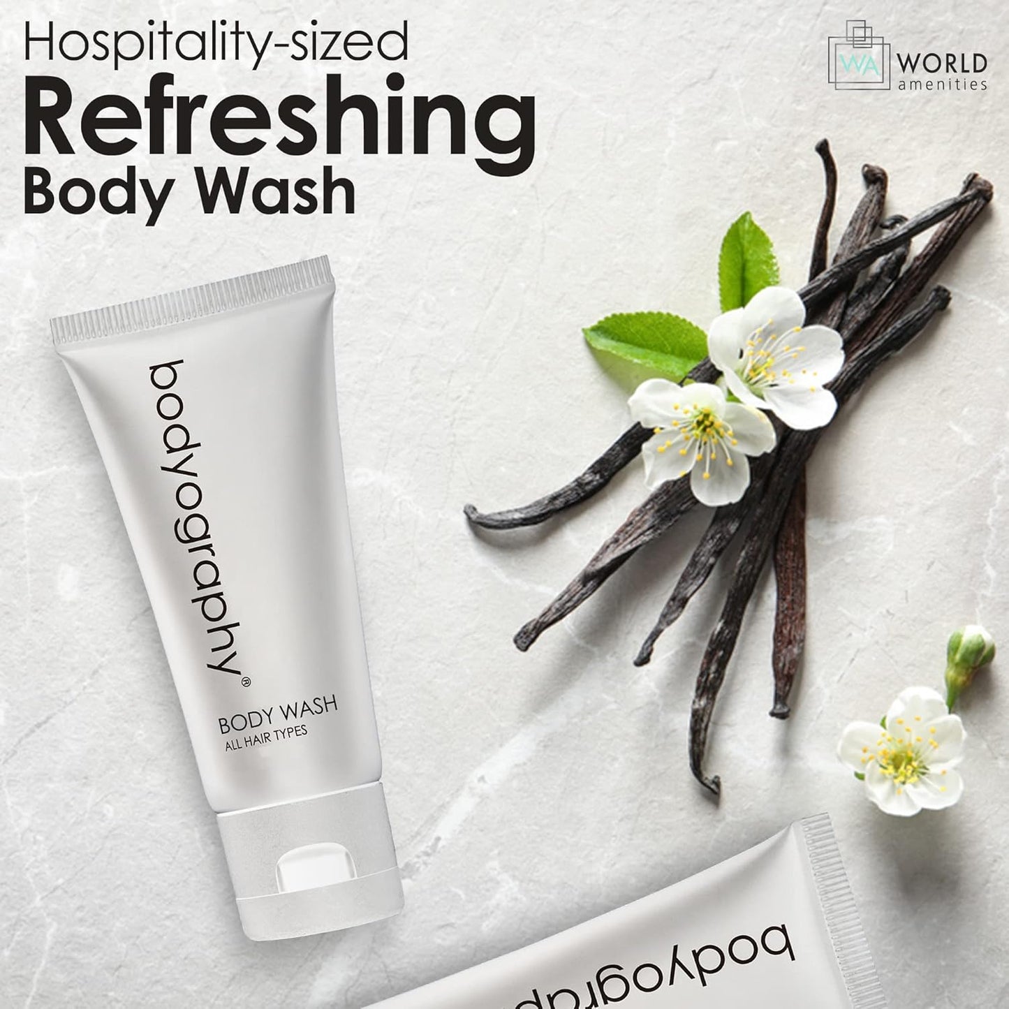 Bodyography Bulk Body Wash - Vanilla White Tea | 50 Count, 1.4oz Mini Travel Size Toiletries - Eco-Friendly Recyclable Tube