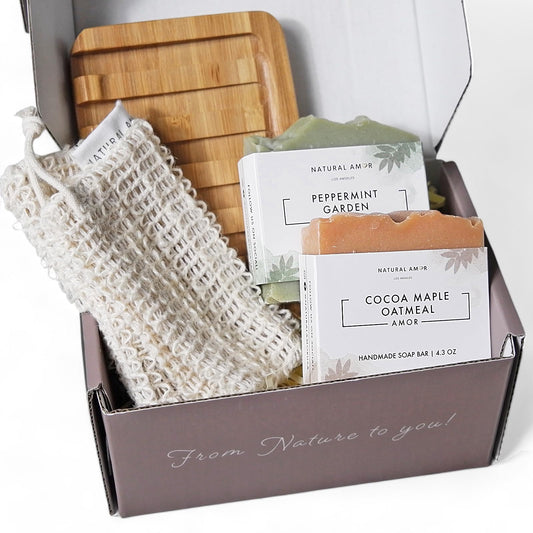 Natural Amor Handmade Soap Bar Gift Set 2pk with Soap Dish and Soap Saver, Scented with Essential Oils, Made with Natural Ingredients for All Skin Types