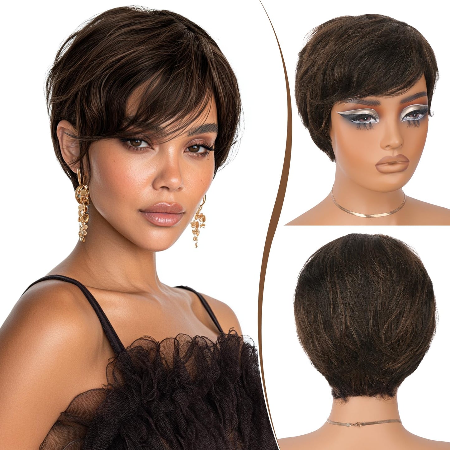 RUWISS Pixie Cut Wig Human Hair – Short Wigs for Black Women with Bangs, Natural Layered Wavy Wig, Glueless（1B/4#0829）