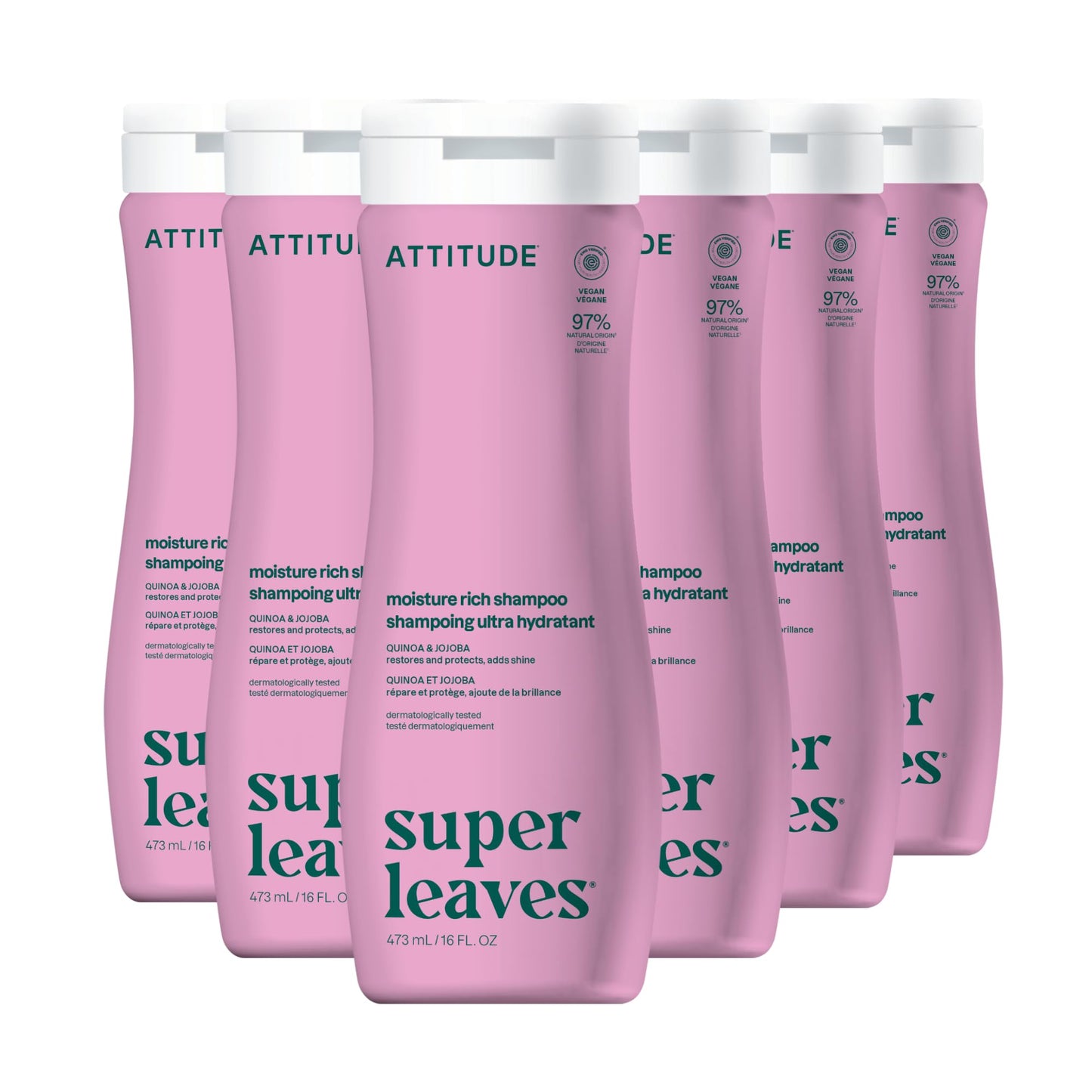ATTITUDE Moisture Rich Hair Shampoo, EWG Verified, For Dry and Damaged Hair, Naturally Derived Ingredients, Vegan and Plant Based, Quinoa and Jojoba, 16 Fl Oz (Pack of 6)