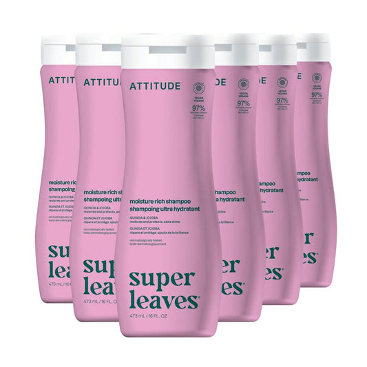 ATTITUDE Moisture Rich Hair Shampoo, EWG Verified, For Dry and Damaged Hair, Naturally Derived Ingredients, Vegan and Plant Based, Quinoa and Jojoba, 16 Fl Oz (Pack of 6)