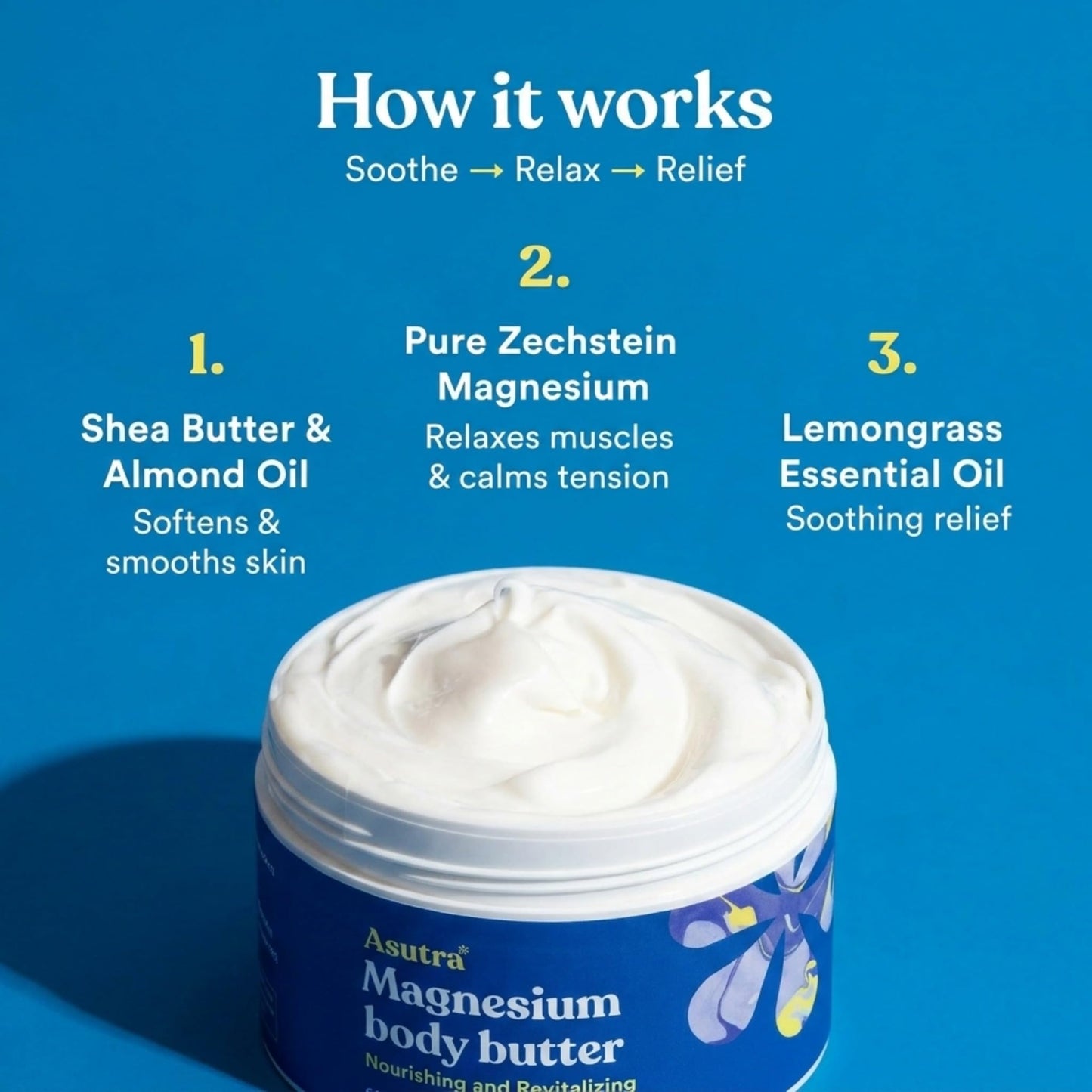 ASUTRA Magnesium Body Butter Lotion, 6.76 oz, Soothing Shea Butter & Almond Oil Moisturizer, Premium-Quality Magnesium, Lemongrass Essential Oil