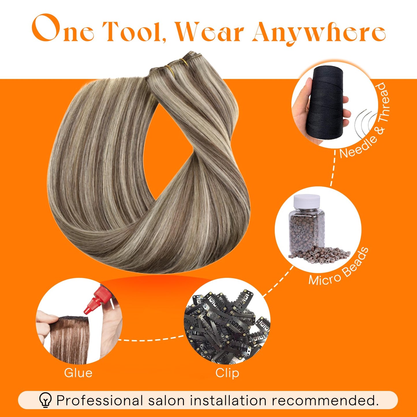Sunny Hair Sew in Hair Extensions Real Human Hair Highlights Double-Wefted Light Brown with Platinum Blonde Short Hand-Tied Bundles All-Day Comfort 12 Inch 70G