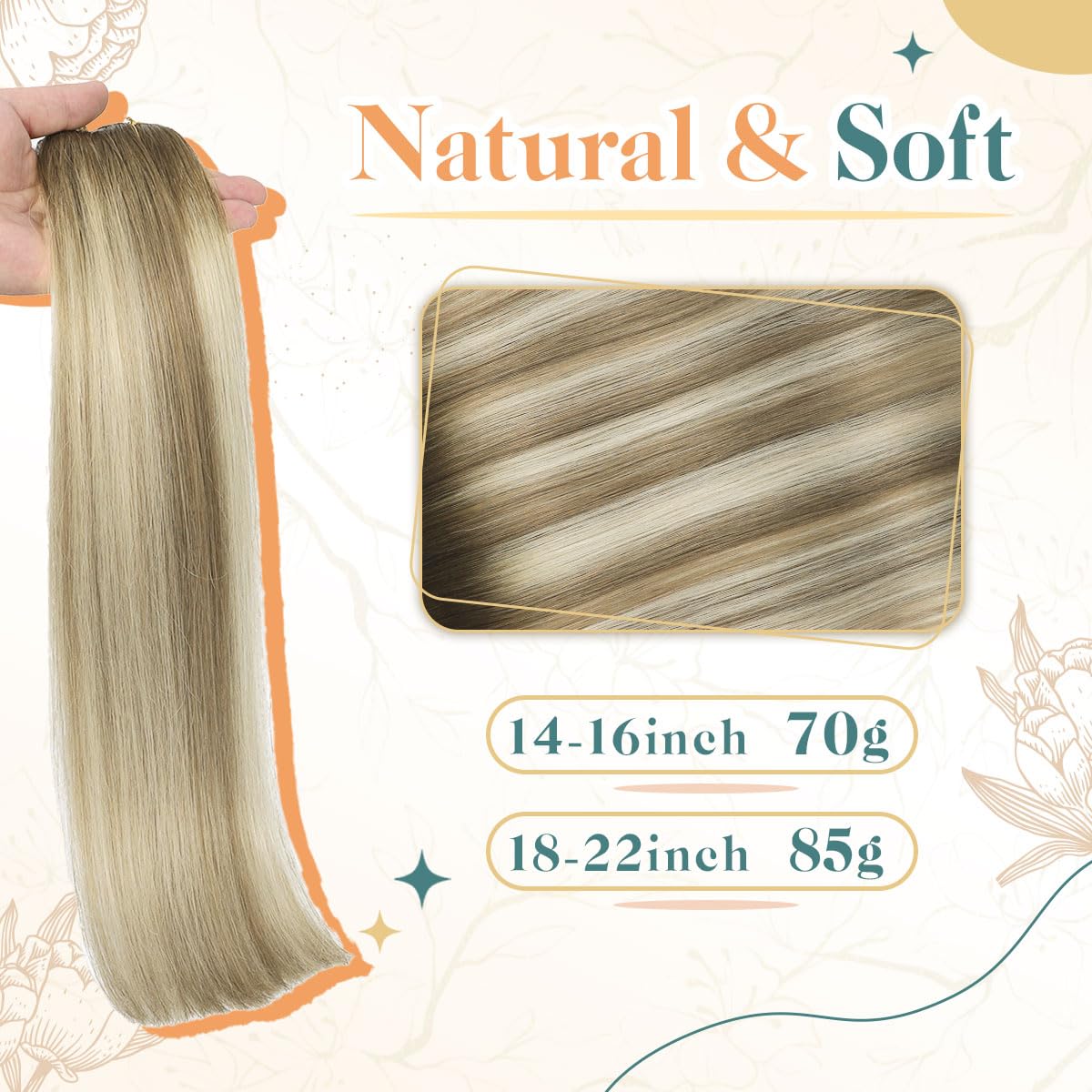 Sindra Wire Hair Extensions Real Human Hair 3/8/22 Balayage Walnut Brown to Light Brown With Blonde Invisible Wire Hair Extensions Transparent 14inch 70g Seamless Fish Line Hairpiece for Women