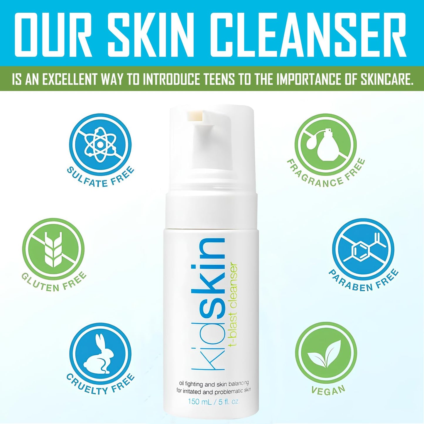 Kidskin T-Blast Facial Cleanser, Gentle Face Wash with Tea Tree Oil, Spot Skin Care for Kids and Teens, Non-Drying Natural Cleanser for Oily or Dry, Acne-Prone Skin, 150 ml 5.0 fl oz.