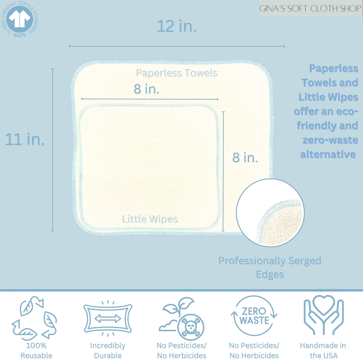Gina's Soft Cloth Shop 1 Ply Organic Birdseye Washable Baby Wipes 8x8 Inches Set of 20 Rainbow Assortment- Proudly Made in The USA!