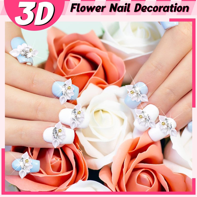 Tinlade 50 Pcs White Flower Nail Charms 3D Acrylic Flower Beads for Nail Gems and Rhinestones with Pearl Beads Crystals Blossom Art Accessories for Women DIY