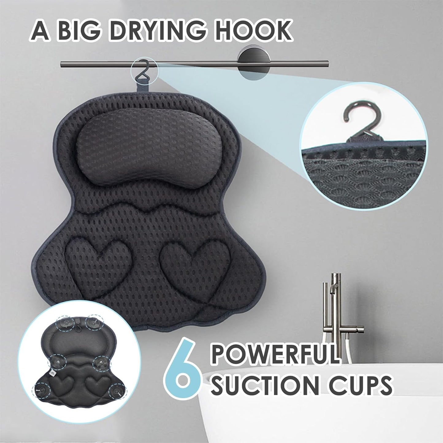 Bath Pillows for Tub - Luxury Head and Neck Support | 4D Air Mesh Fabric & 6 Non-Slip Suction Cups (Gray)