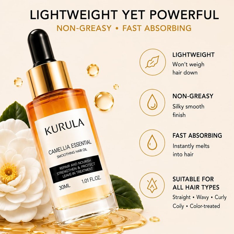 Japanese Camellia Hair Oil Serum - Lightweight Treatment for Dry, Frizzy Hair | Non-Greasy Leave-In, 30ml