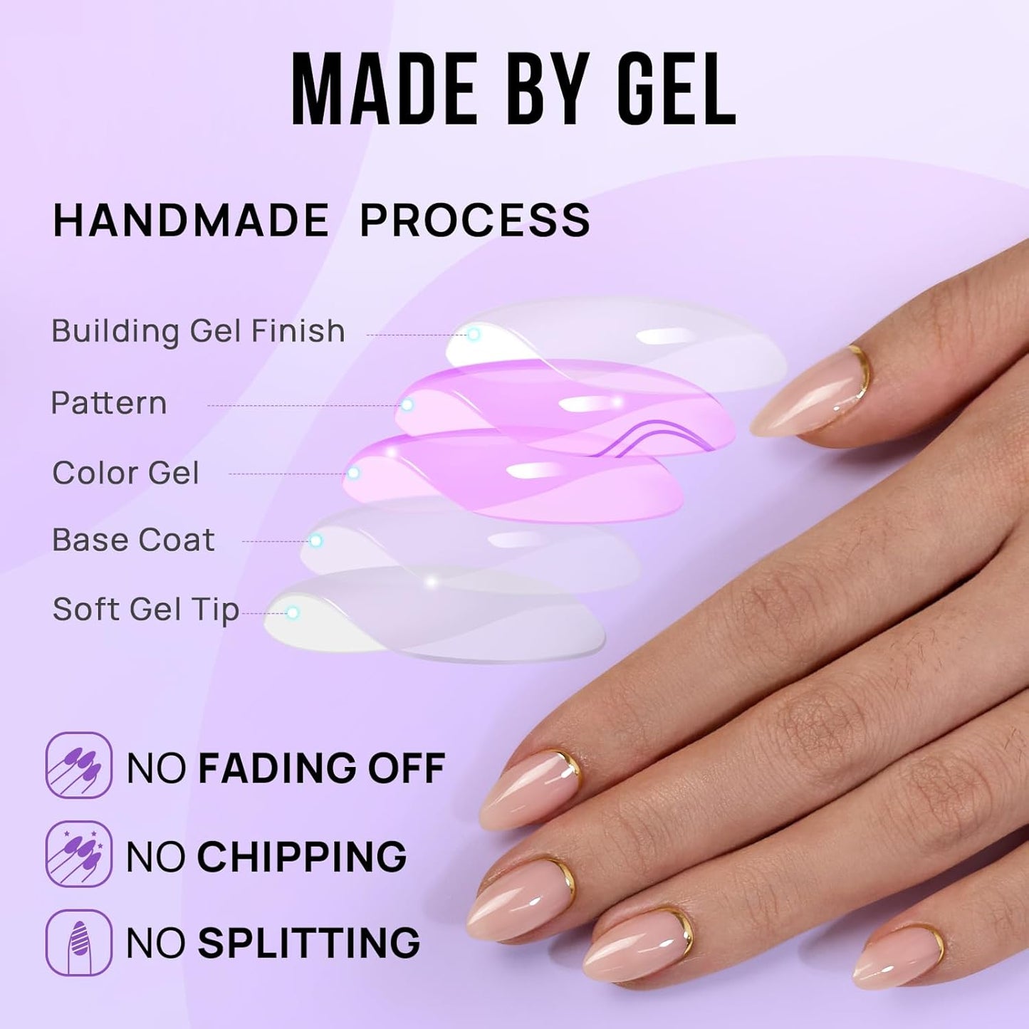 Press On Nails Almond - Short Gold Foil Soft Gel Nails with Glue | 32-Piece Kit in 16 Sizes