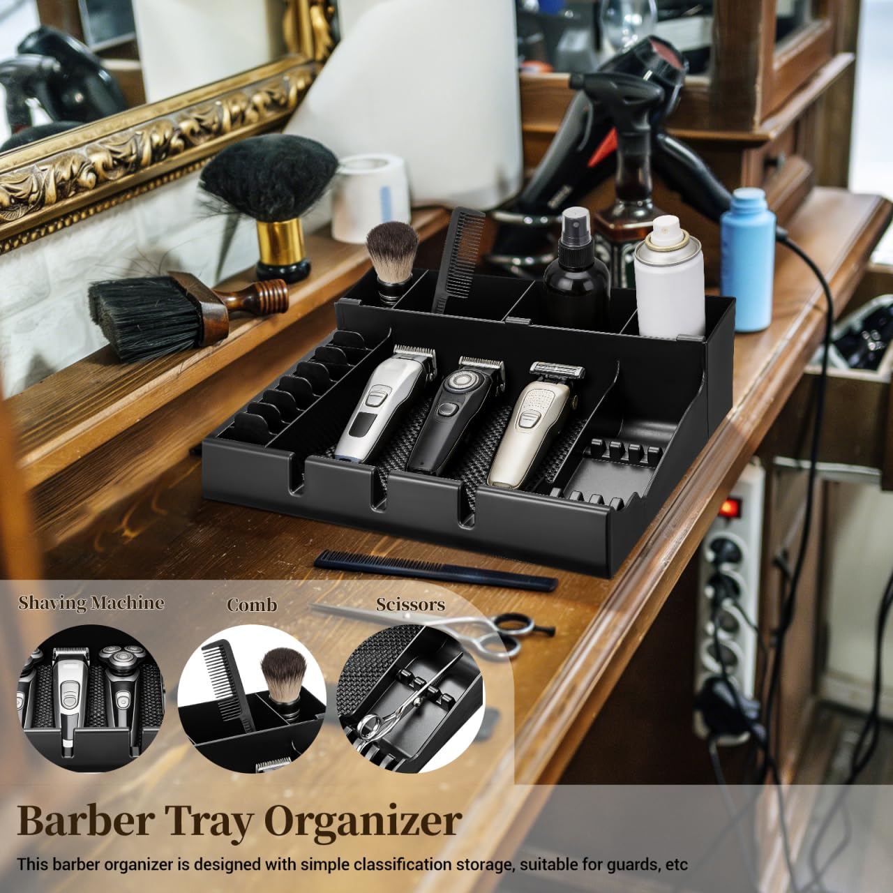 Beatifufu Barber Clipper Tray Organizer 15X12X4.33In Salon Storage Box with Multiple Slots for Clippers Guards Combs Haircut Tools Keeper Portable Hair Clippers Holder
