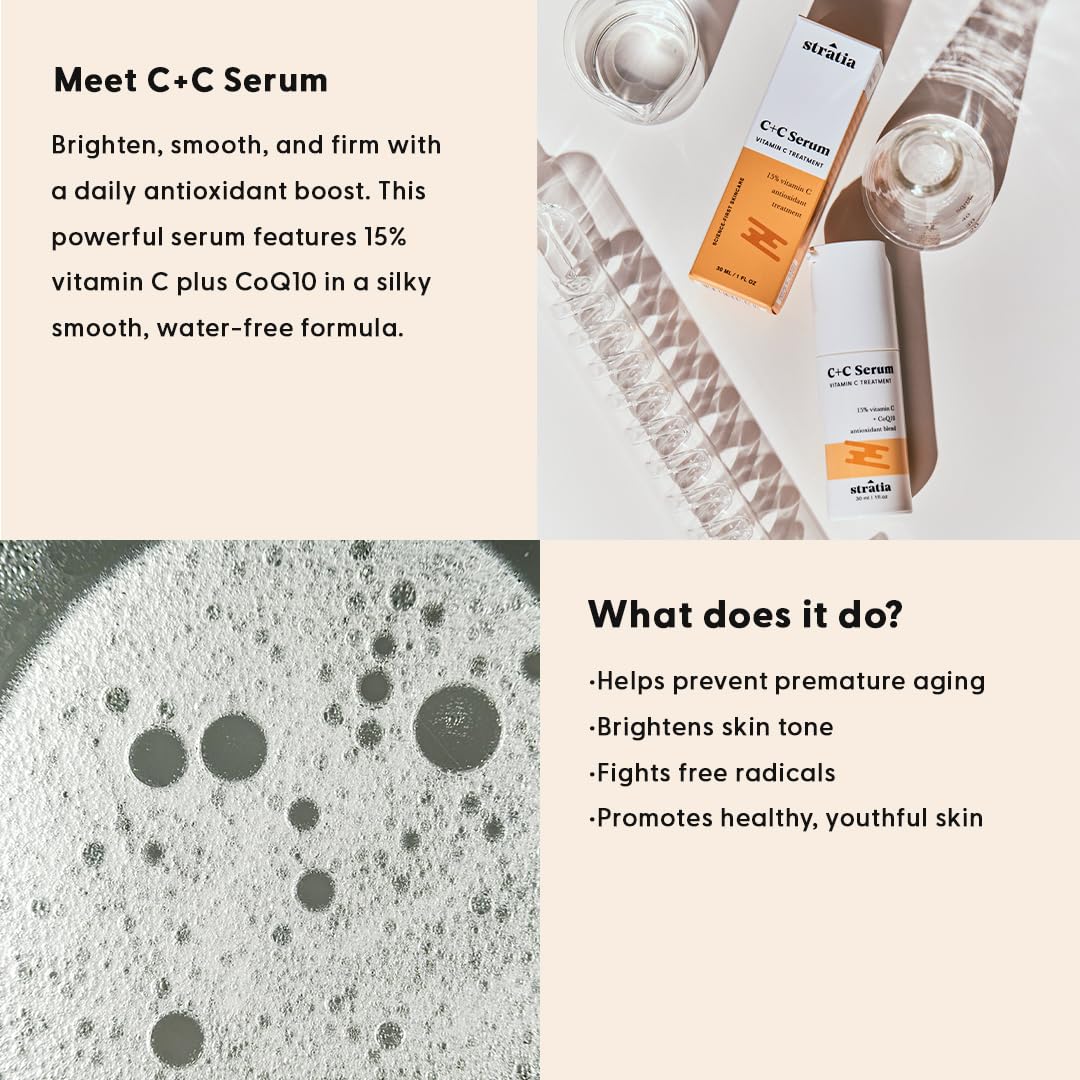 Stratia C+C Vitamin C Serum – 15% Potent Formula with 10% L-Ascorbic Acid for Bright, Even-Toned Skin - Non-Irritating, Water-Free Antioxidant Face Cream, 1 Fl Oz