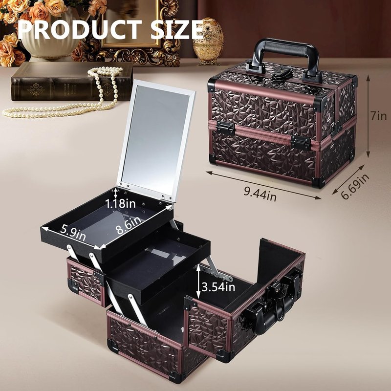 Makeup Train Case Organizer - Portable Cosmetic Storage Box with Mirror & Locking - Dark Brown, 2 Trays for Professionals