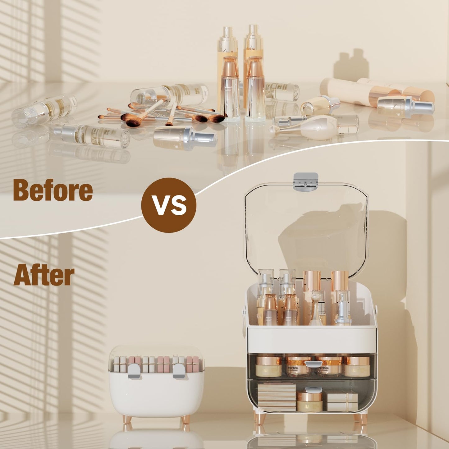 CLBDRESS Makeup Organizer for Vanity with perfume Storage Box, Countertop Skincare Organizer with 2 Drawers, Cosmetic Display Case for Perfumes, Eyeshadow Palettes, Nail Polishes, Rose Gold