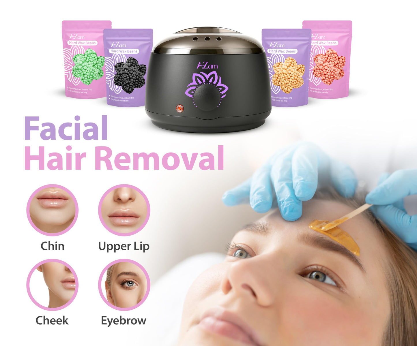 AZAM All-in-one At Home Waxing Kit for Hair removal,Wax pot Waxing Professiona+4 Pack Hard Beads+Silicone Bowl 2 Treatment Oils Wax Kit Accessories Warmer for Full Body